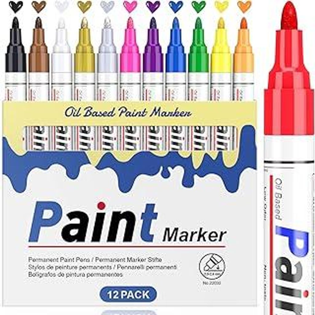 Permanent Marker Wasserfeste Stifte set: 12 Farben zum Steine Bemalen Permanent Marker Bunt Glasstift Lackstifte für Karton, Kunststoff, Holz, Met...