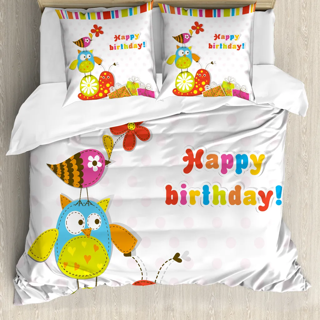 ABAKUHAUS Copripiumino per compleanno, gufi e uccellini, antiacaro, adatto a chi soffre di allergie, con federe, 155 cm x 220 cm - 80 x 80 cm, multicolore