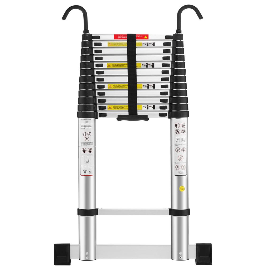 TEENO Teleskopleiter, Klapptritt, Teleskopleiter 5m mit Haken, Alu-Stehleiter, Teleskopleiter faltbar mit Stabilisierungsstange, Tragkraft 150 KG