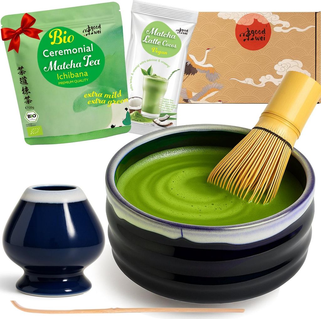 Matcha Teezeremonie Set "Kori" mit Schale, Besen, Besenhalter & Matchapulver + Cocos – edles Komplettset für Matcha-Genuss und Zeremonie