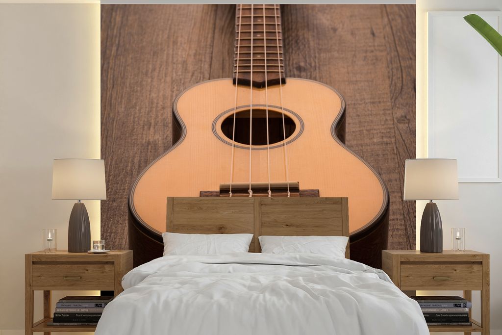 MuchoWow Fototapete für Wohnzimmer oder Schlafzimmer Wandtapete Vinyl Motivtapete Akustische Gitarre auf einem Holztisch - 240x240 cm - Schlafzi...