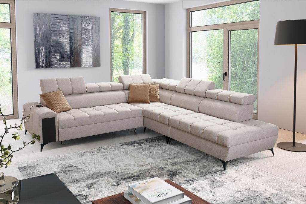 Eckcouch Wohnzimmer Sofa mit Schlaffunktion GREKO IX Beige Stoff AVRA 2 Rechtsseitig IM SOFA
