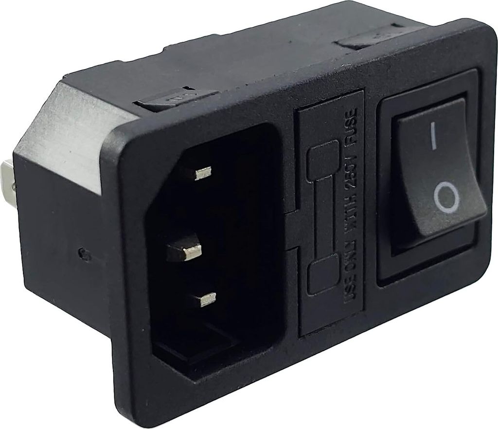 A black and silver power connector with a switch and fuse holder.