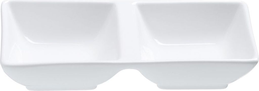 A white ceramic dish with two compartments.