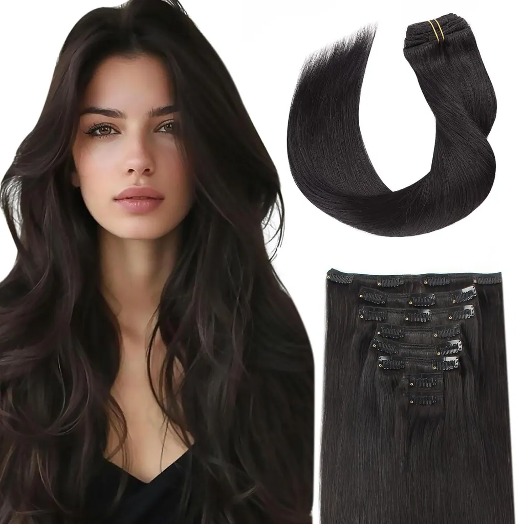 Rajout de cheveux naturels à clips 55cm noir 1B kit complet 8 bandes