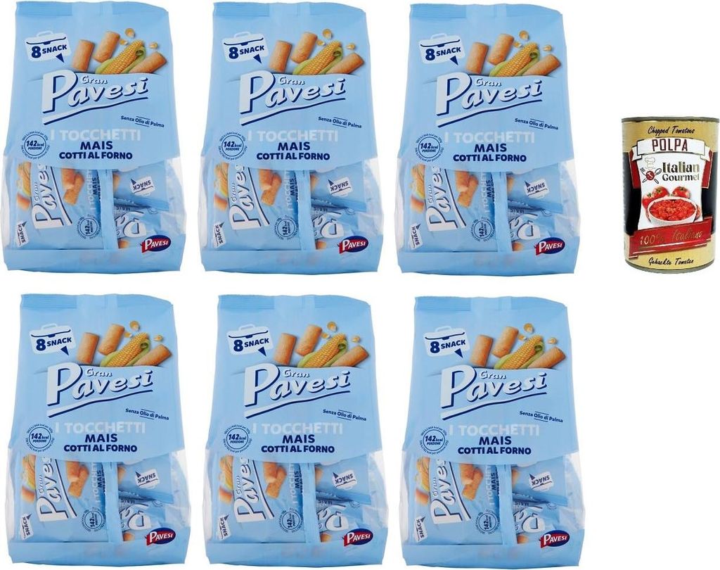 Gran Pavesi Snack Tocchetti, Snack al Mais im Ofen gekocht, Ohne Palmöl, 6x 256g + Italian Gourmet polpa 400g