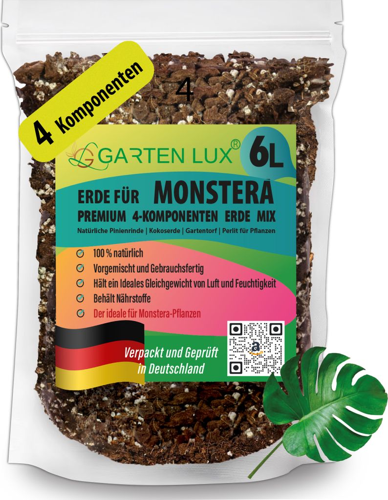 Garten Lux Premium Monstera Erde – 6L- 4-Komponenten Erde für Monstera – schnell entwässernde Erde für die Aufzucht und Umpflanzung von Pfla...