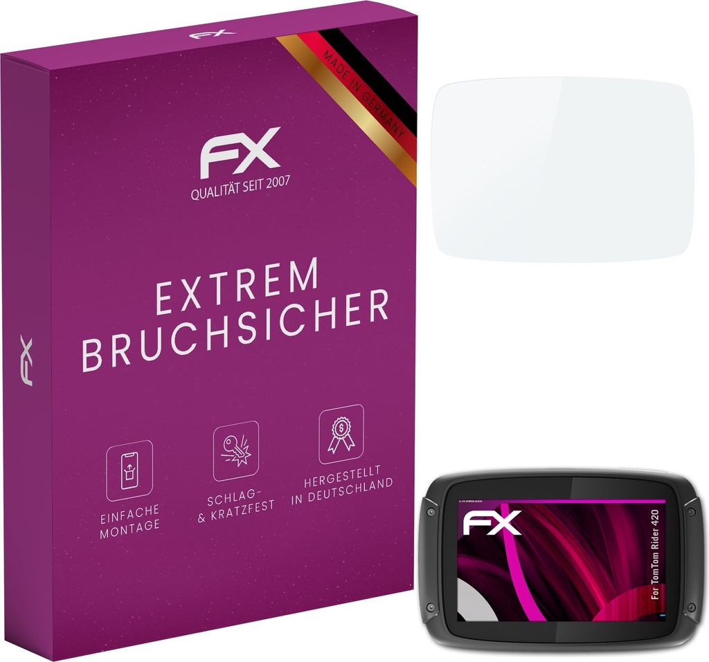 atFoliX FX-Hybrid-Glass Displayfolie kompatibel mit TomTom Rider 420 Glasfolie