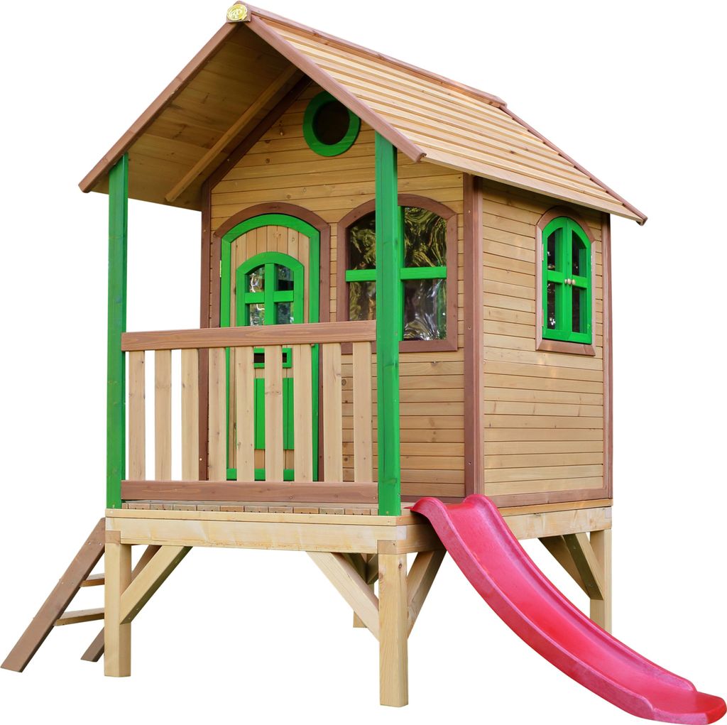AXI Spielhaus Tom mit roter Rutsche | Stelzenhaus in Braun & Grün aus Holz für Kinder | Spielturm für den Garten