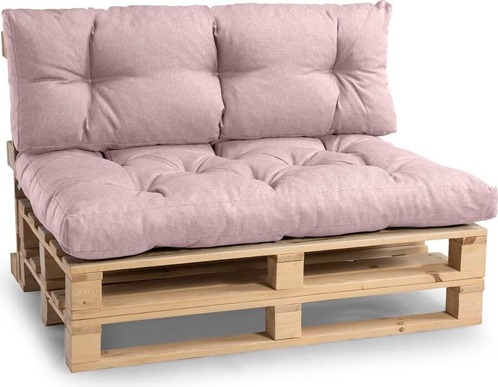 A pink pallet sofa cushion set on a wooden pallet base.