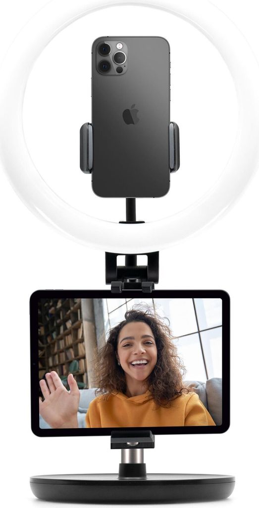 FIXED LEDRing-Stativhalterung mit kreisförmigem LED-Licht, 1/4"-Schraube, Tablet-Halterung und USB-Kabelsteuerung, schwarz