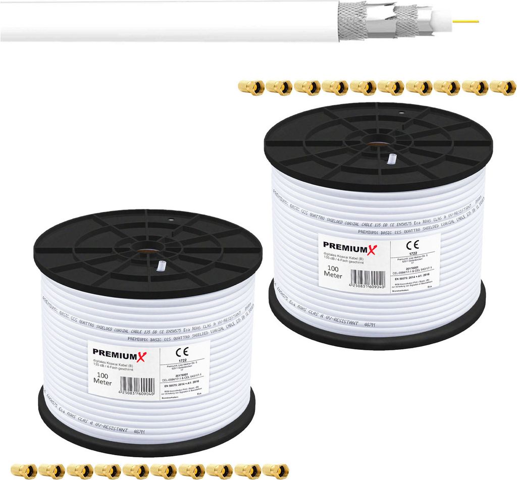 PremiumX 2x 100m BASIC Koaxialkabel 135dB 4-fach SAT Koax Kabel 20x F-Stecker