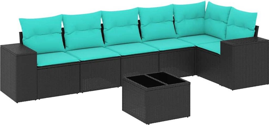 vidaXL 7-teiliges Gartensofa-Set mit Kissen, schwarzes Polyrattan