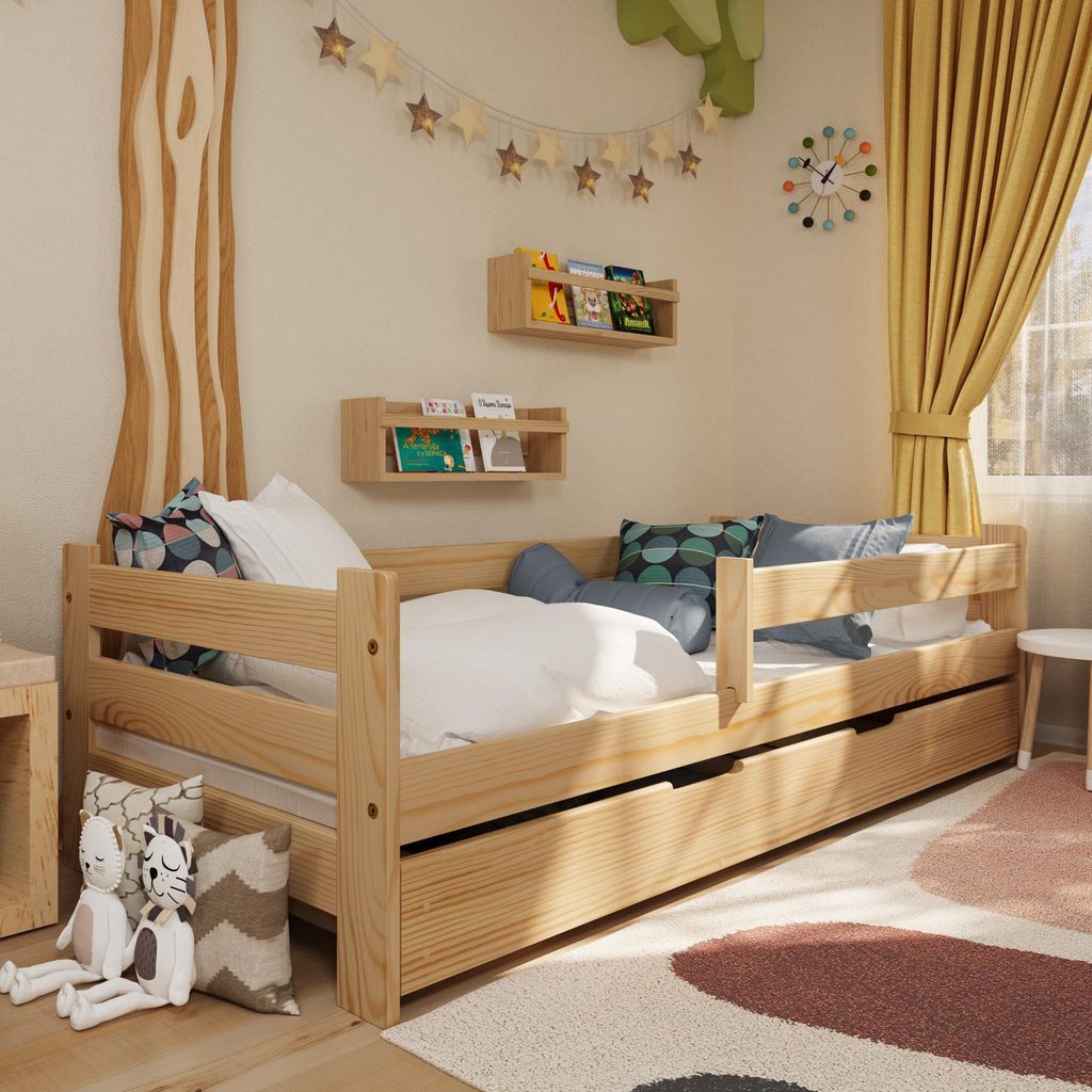 Kinderbett Oli mit Rausfallschutz, Schublade und Lattenrost | 180x80 cm | Kiefer, 100% Massivholz, natürliche Maserung | universell, stabil, bequem