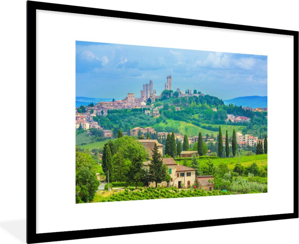 MuchoWow Gerahmtes Poster Die Hügel von San Gimignano in der Toskana 90x60 cm - Poster mit Schwarzem Bilderrahmen Wandposter Rahmen Foto Bilder ...