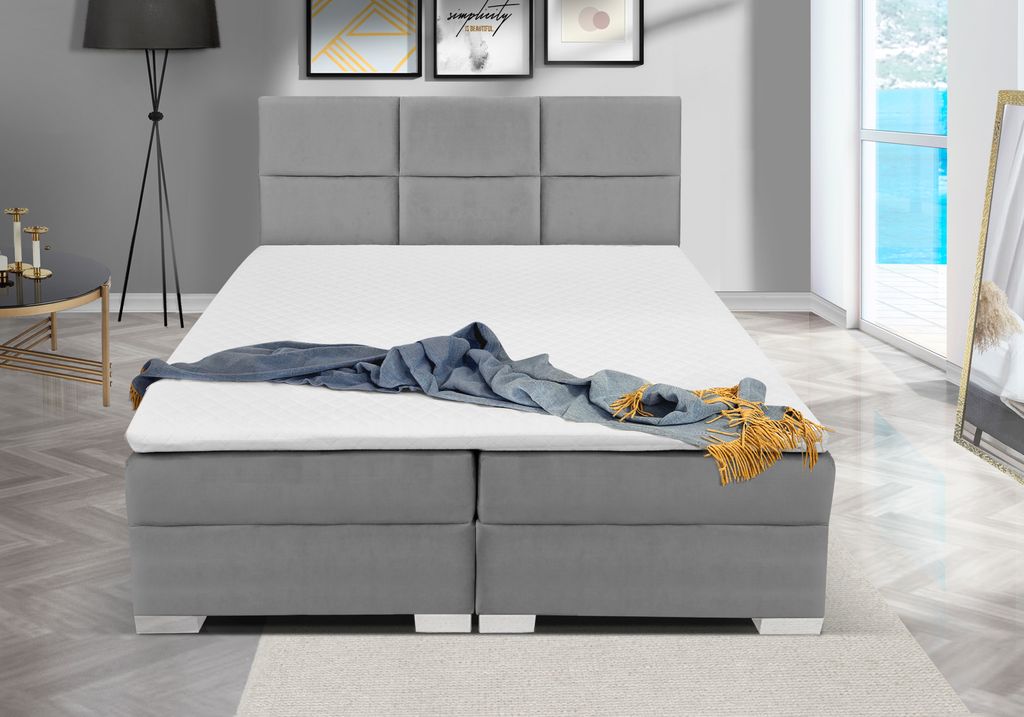 Boxspringbett RIO 140 x 200 cm Amor Velvet 19 Grau Bett mit zwei Bettkästen und Matratze,Komplett-Set mit Topper, Doppelbett, Polsterbett