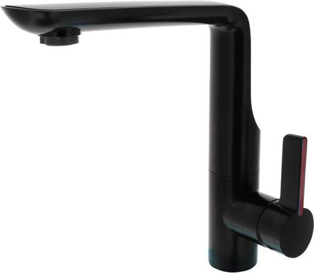 A black kitchen faucet with a red accent on the handle, isolated on a white background.