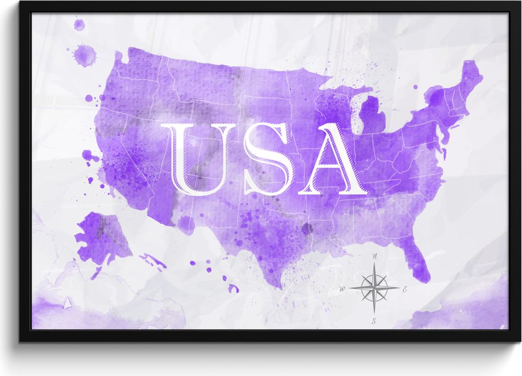 MuchoWow MuchoWow Gerahmtes Poster Karte - Amerika - Lila - Aquarell 90x60 cm - Poster mit zchwarzem Bilderrahmen - Fotorahmen - Foto-Plakat