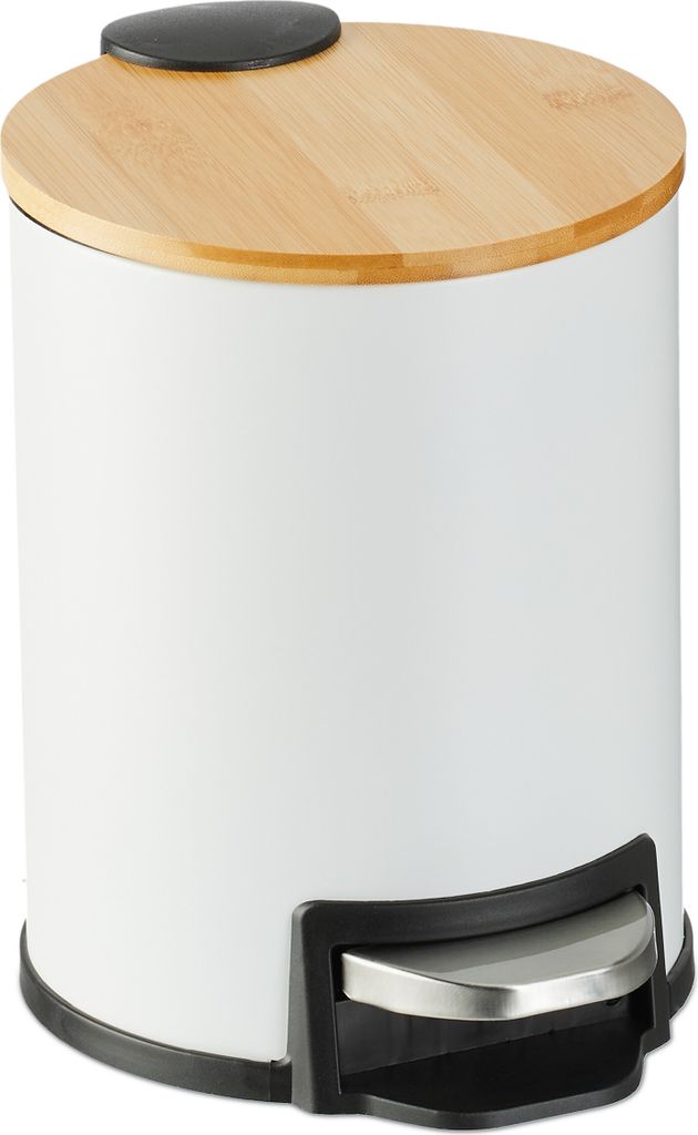 Relaxdays Mülleimer Bad, 3 l, Kosmetikeimer Absenkautomatik, Bambusdeckel, entnehmbarer Inneneimer, Treteimer, weiß