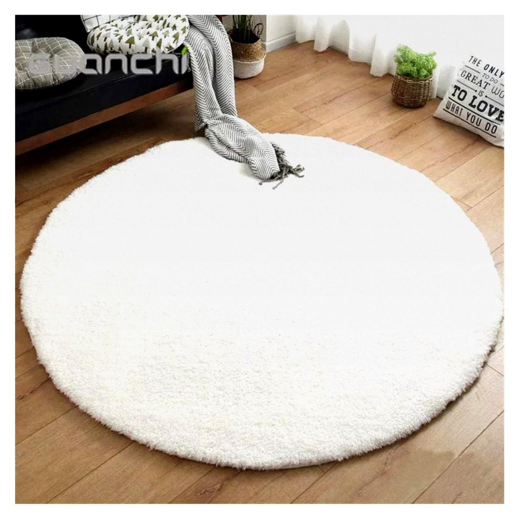 Hochflor Shaggy Teppich für Wohnzimmer, Pflegeleicht, Rund, Weiß, Ø 100 cm