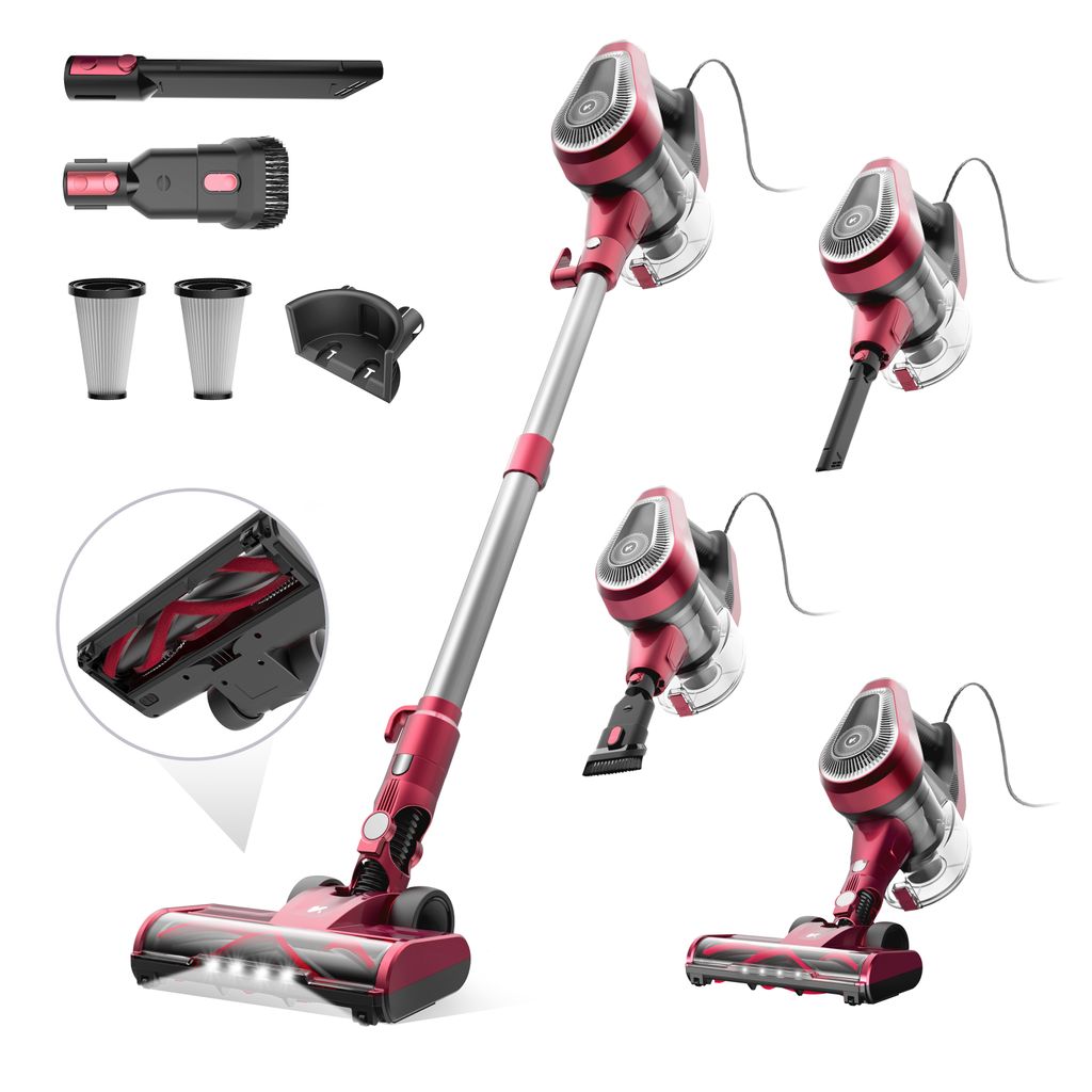 A collection of images showcasing a red and silver stick vacuum cleaner and its various attachments, presented on a white background.