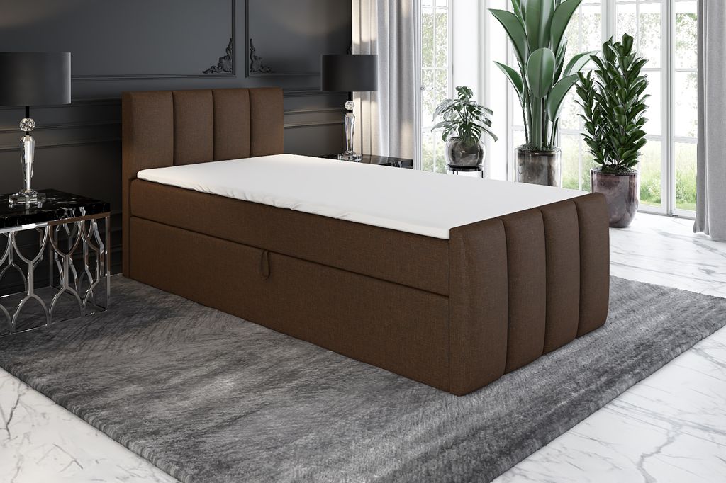 Boxspringbett, Jugendbett FUNI 80x200 (Rechts) mit Bettkästen, Bonell-Matratze und Topper. Farbe: Braun