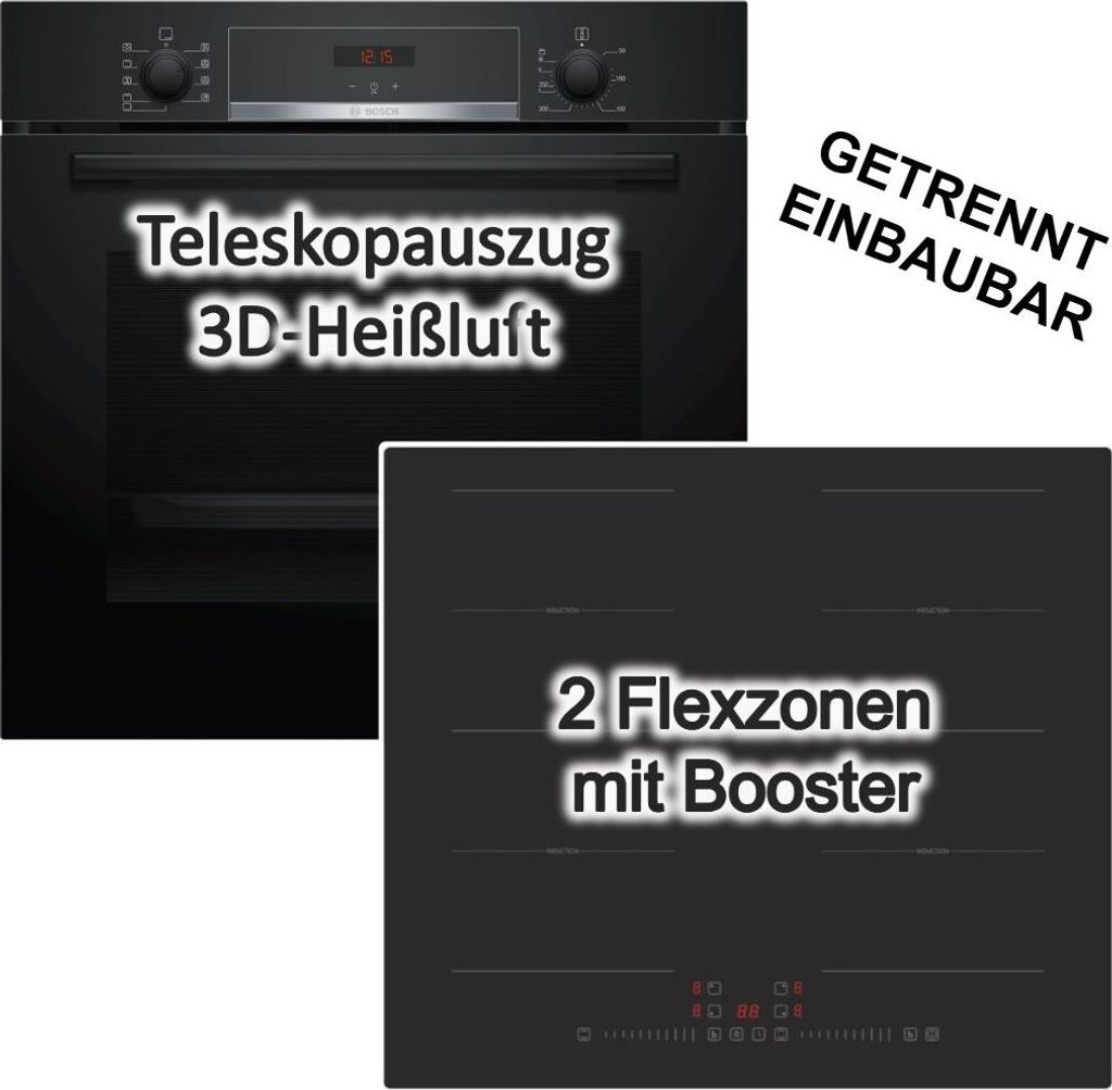 HERDSET Bosch Backofen Teleskopauszug + PKM Induktionskochfeld - schwarz autark 60 cm