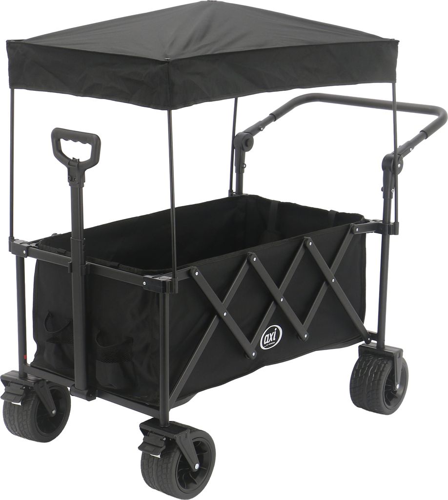 AXI SB221 Faltbarer Bollerwagen mit Dach in Schwarz | Handwagen Klappbar / Faltbar mit Zug- & Schiebestange, Gurt, Hülle, & Getränkehalter - PP