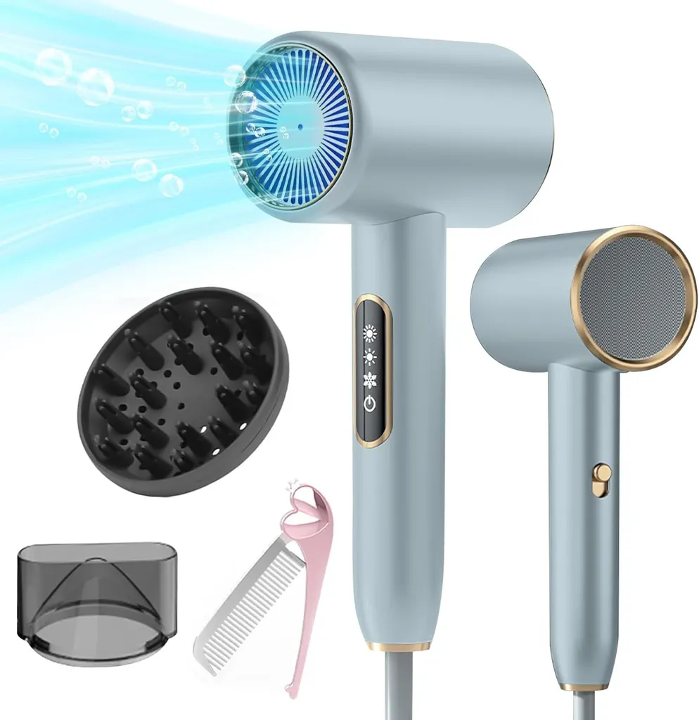 Asciugacapelli con display LCD, 3 impostazioni di temperatura, 2 velocità, asciugacapelli ad asciugatura rapida con diffusore e ugello per lo styling/pettine pieghevole, per viaggiare/famiglia
