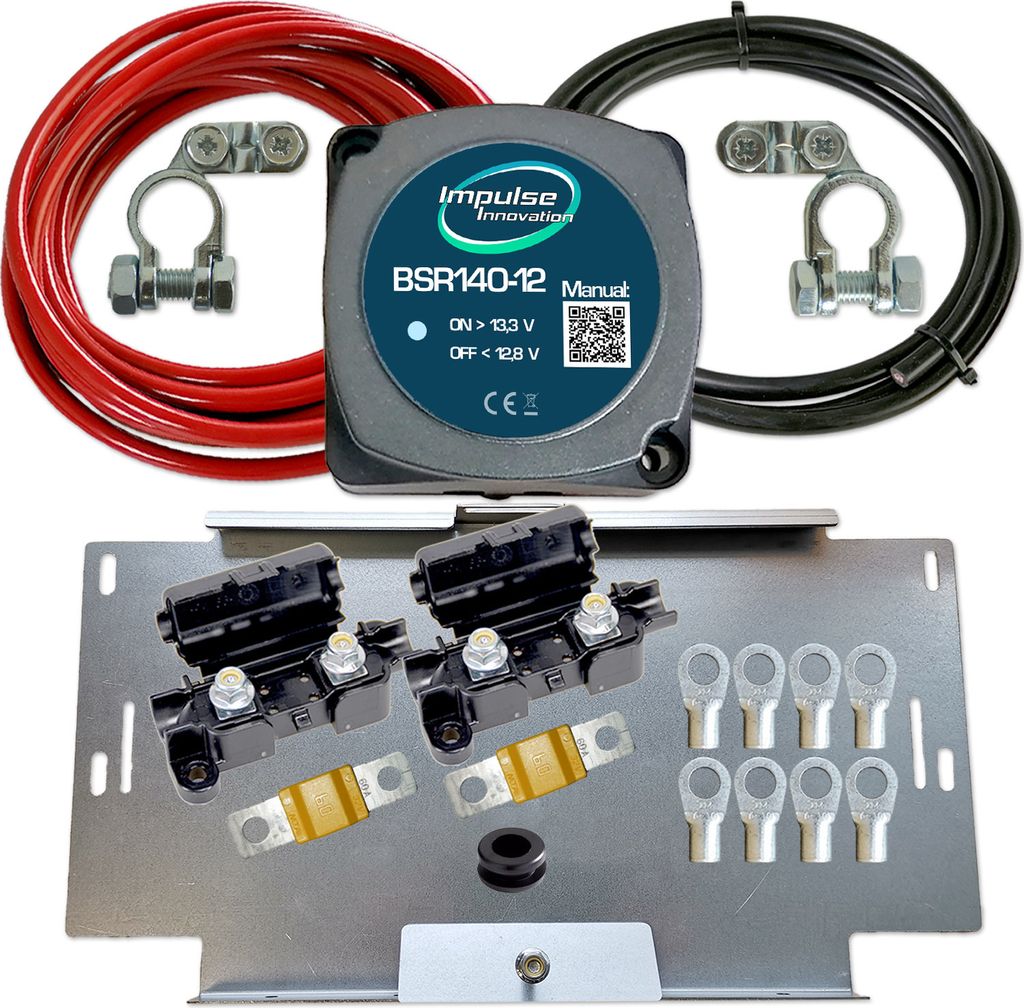Zweitbatterieset | BSR140-12 Automatik Trennrelais 12V 140A | 3,5m 16mm² Kabel | Batteriehalter VW T4 T5 T6 Universal