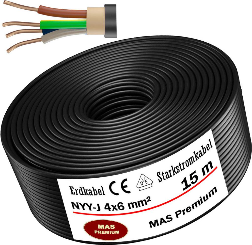 15m Erdkabel Starkstromkabel NYY-J 4x6 mm² Elektrokabel OFC Ring
