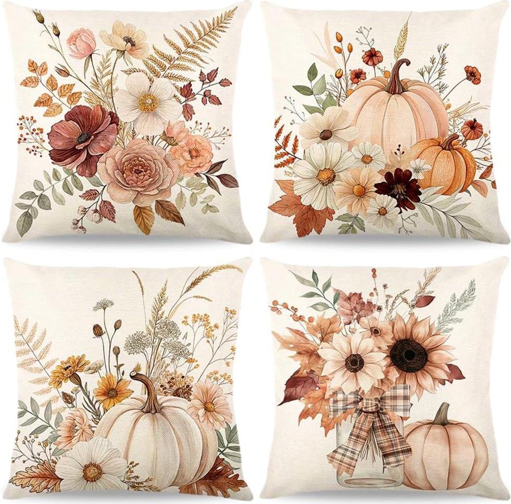 4 Stück Kissenbezüge Herbst 40 X Cm,Thanksgiving Dekorative Kissenbezüge,Leinen Sofa Throw Kissenbezug,Dekorative Erntedankfest Ahornblatt Bezü...