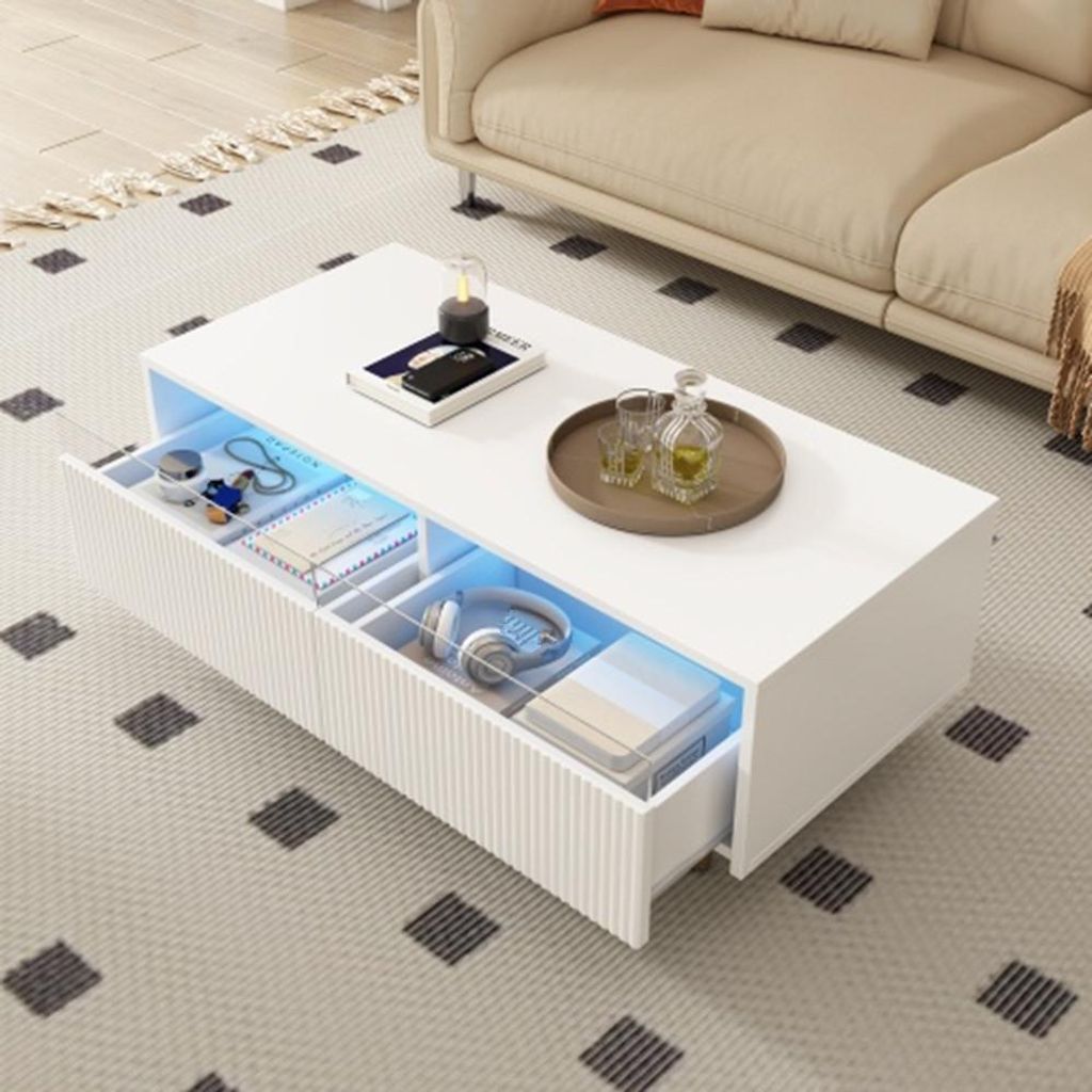 LED-Couchtisch Schubladenplatte,Kaffeetisch mit Schubladen und Sofatisch einen farbwechselnden LED-Lichtstreifen