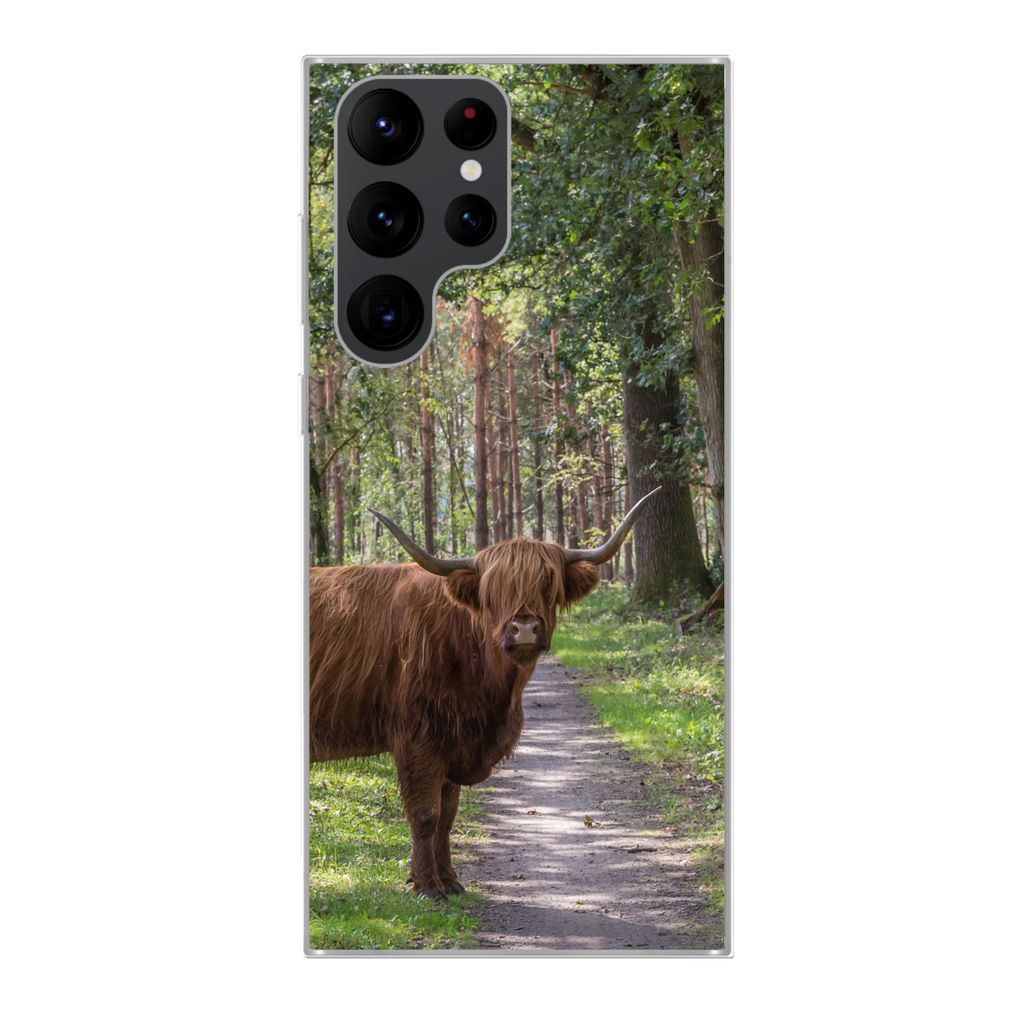 MuchoWow Handyhülle Schutzhülle Hülle für Samsung Galaxy S22 Ultra Schottischer Highlander - Kröte - Baum Silikon Softcase Handy Hülle - Ab...