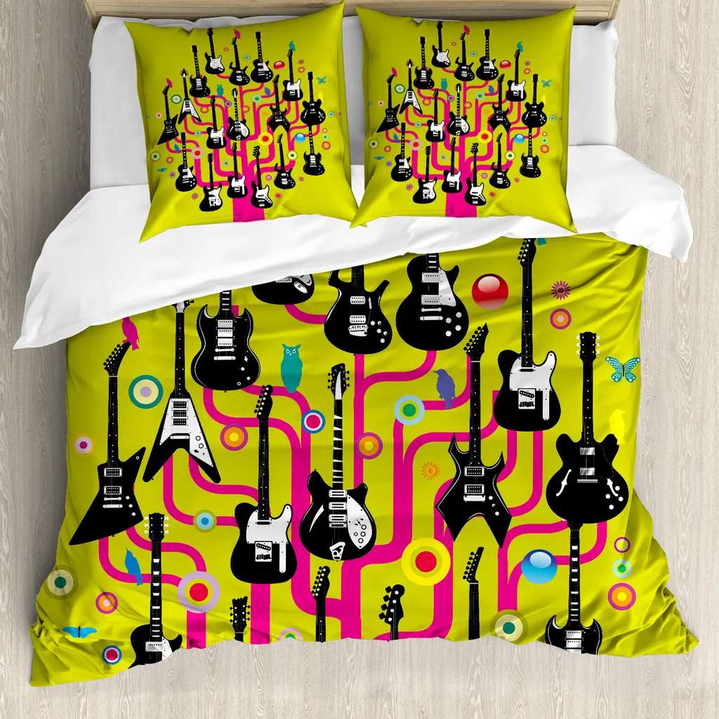 ABAKUHAUS Copripiumino musicale, chitarre per rock star, antiacaro, adatto a chi soffre di allergie, con federe, 200 cm x 200 cm - 80 x 80 cm, rosa shocking e verde mela