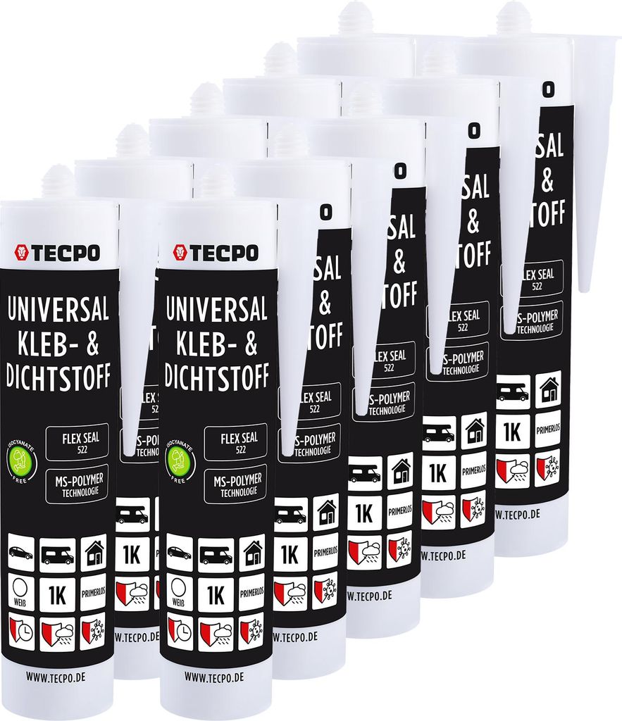 TECPO Universal Kleb- und Dichtstoff SMP Hybrid, 10x 480g Weiß Flex Seal 522 elastisch, silikonfrei, lösemittelfrei- KFZ Bau Industrie Innen und ...