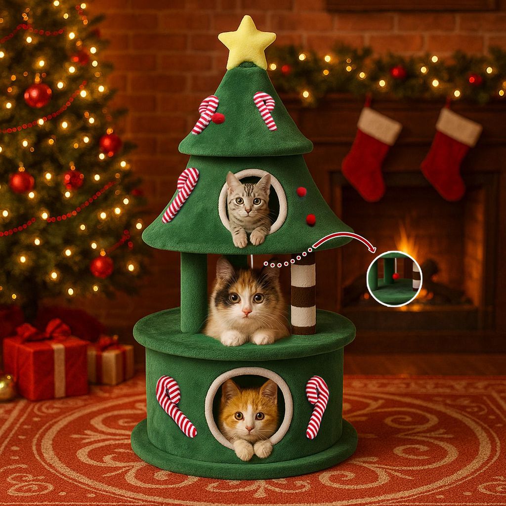 COMHOMA Kratzbaum 144 cm hoch im Weihnachtsbaum-Design, mehrstöckiger Katzenbaum mit Katzenhaus, Plattformen & Spielbällen, Stabiler Kletterbaum ...