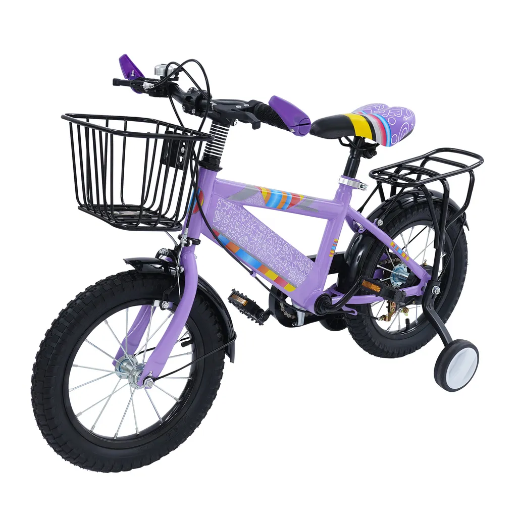 Vélo enfant 14 pouces violet avec petites roues et panier de rangement