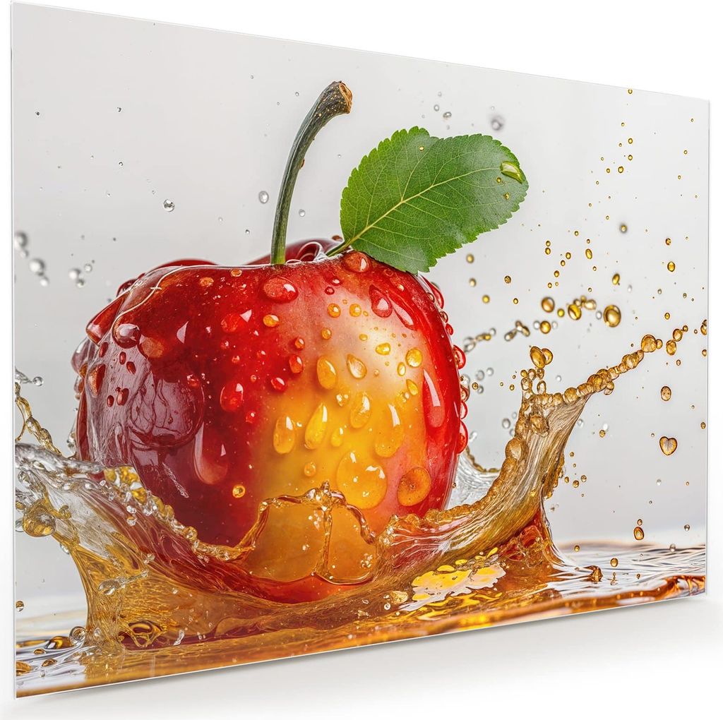 Glasbild 120x90cm in XXL für Wohnzimmer, Schlafzimmer Motiv Spritzender Apfel
