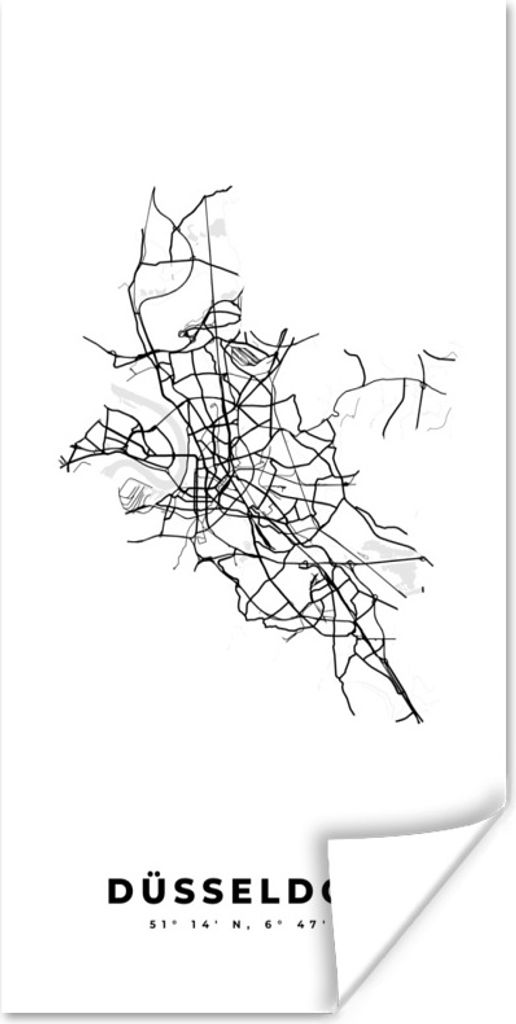 MuchoWow Poster Schwarz und weiß - Deutschland - Karte - Stadtplan - Düsseldorf 40x80 cm - Dekoration