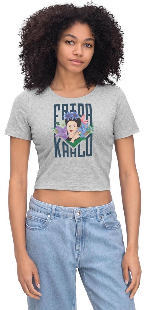 Spreadshirt Frida Kahlo Mit Blumenkranz Portrait Crop Top, L, Grau meliert