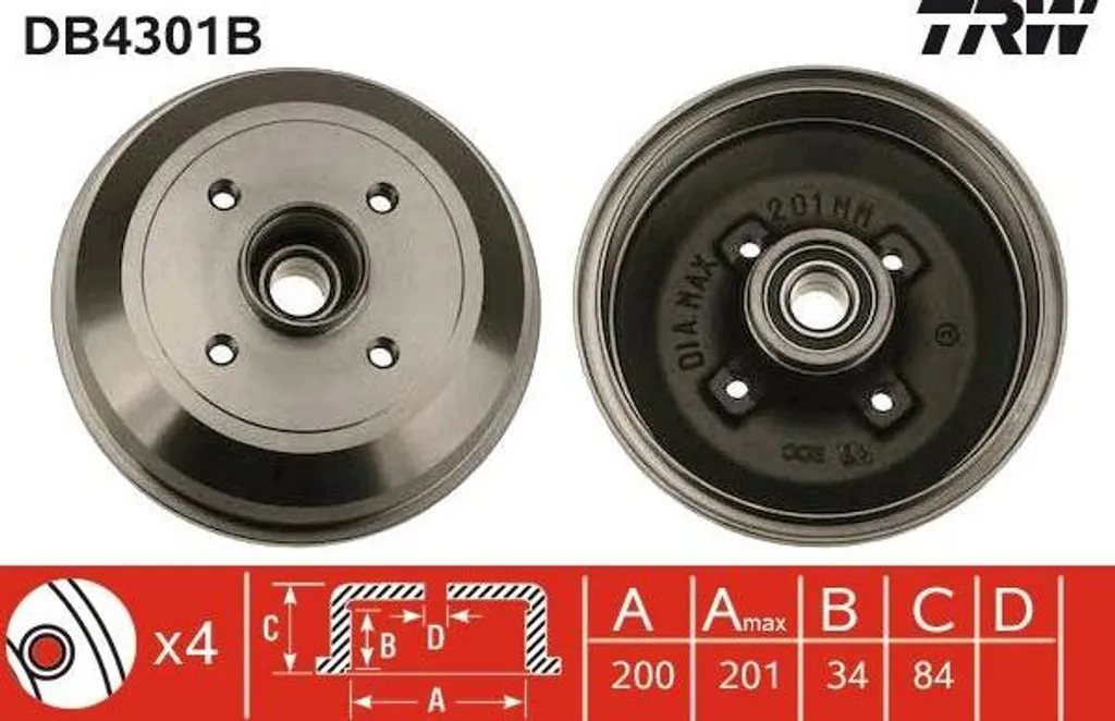 Tambour de frein arrière 200mm TRW DB4301B compatible Corsa C 1.2 1.4