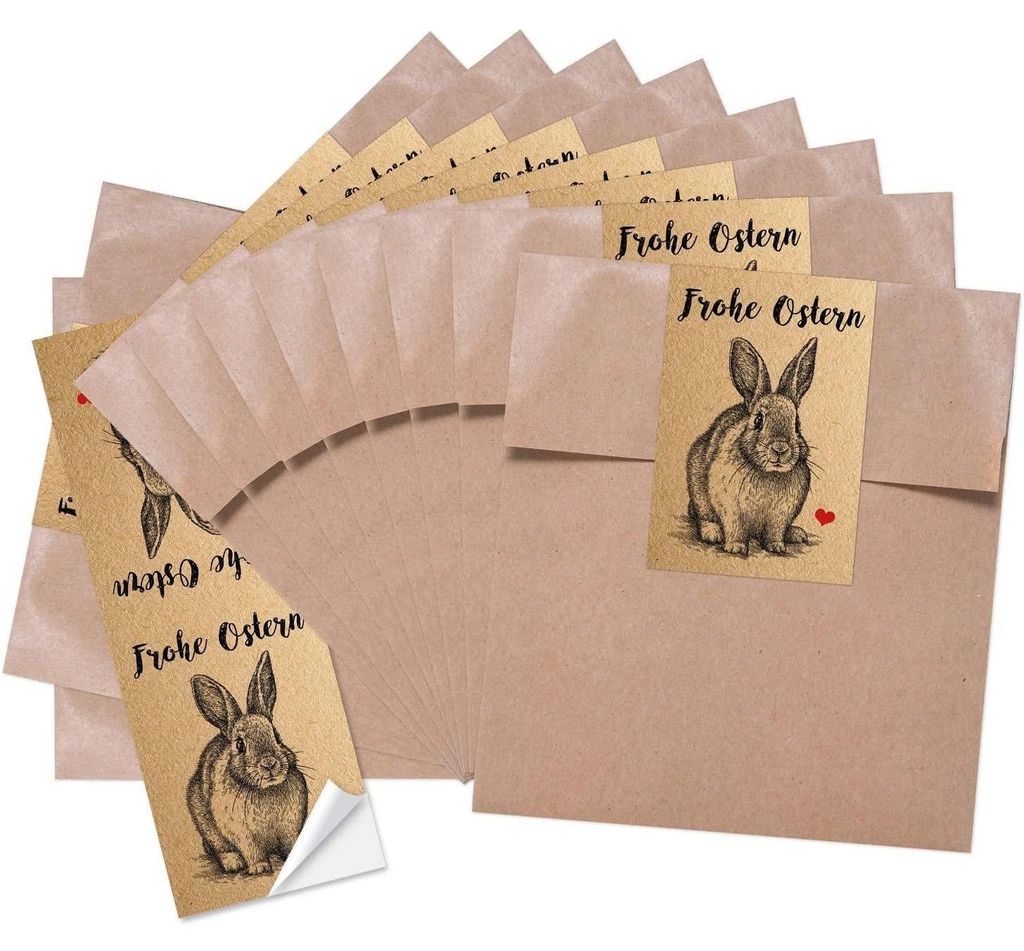 10 kleine braune Papiertüten Ostertüten Geschenktüten 13 x 18 cm + 10 Banderolen Osteraufkleber 5 x 15 cm Ostern Osterhase rot weiß Herz Verpac...
