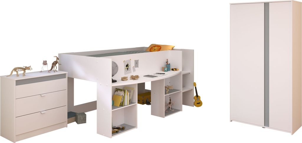 Parisot Jugendzimmer Kinderzimmer Pirouette12 in weiß mit grau oder rosa Set 3-teilig mit Hochbett, Kommode und Kleiderschrank