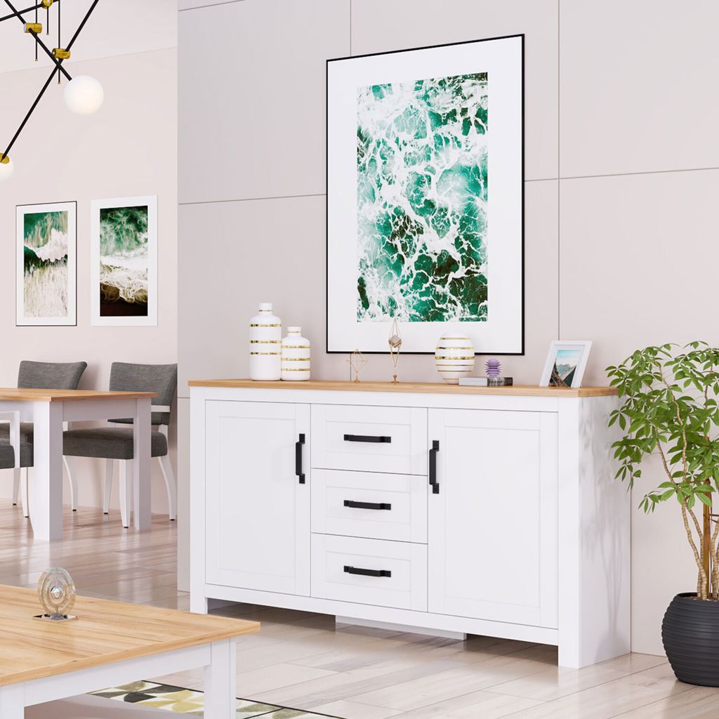 Homestyle4u Kommode Sideboard Eiche Matt Weiß Holz Massiv Produktbild 