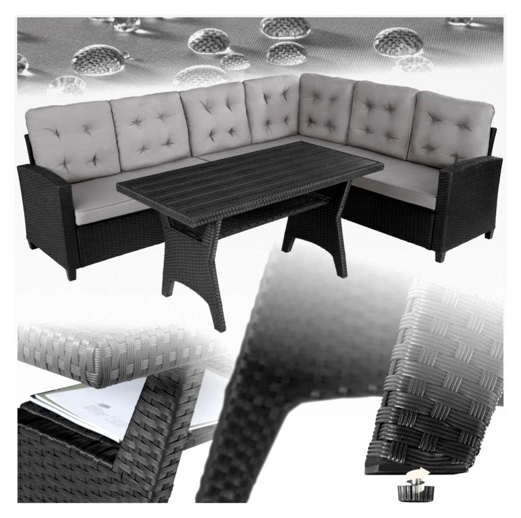 Gartenbank Set mit Tisch und Eckbank, wetterfeste Rattan Lounge für Garten, Balkon und Terrasse - schwarz