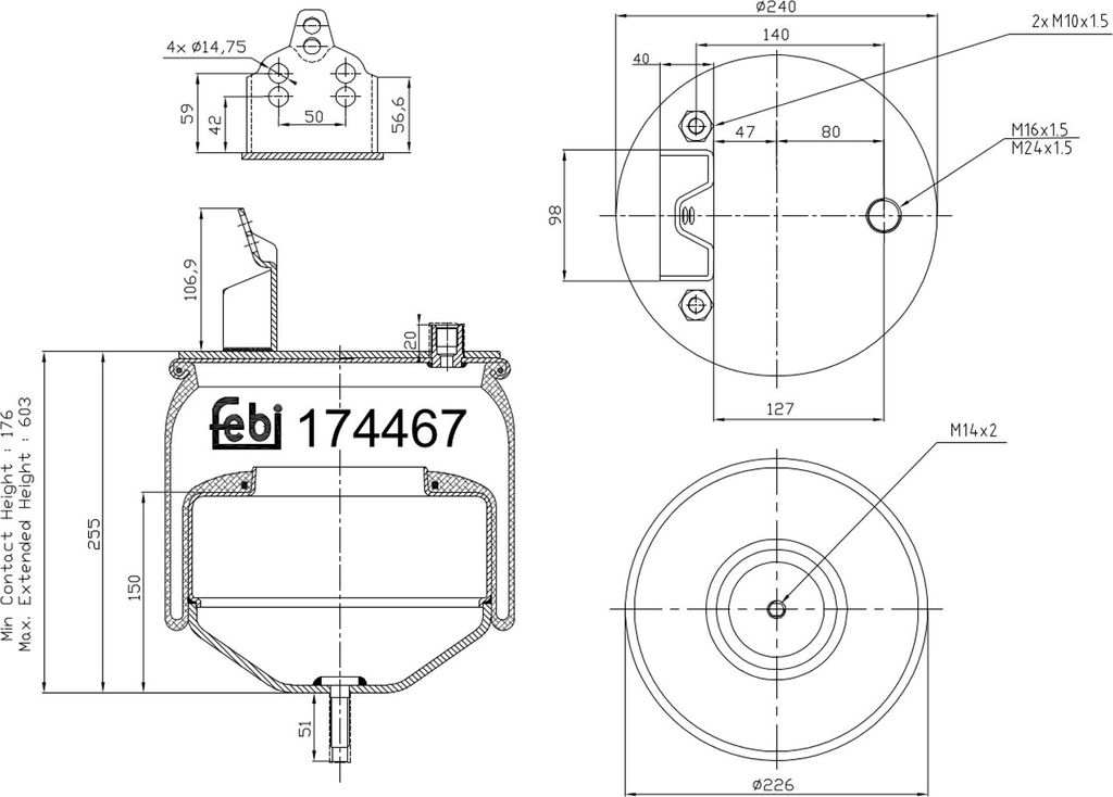 FEBI BILSTEIN Luftfederbalg 174467 Hinten für VOLVO FH 176 603mm 240 225mm