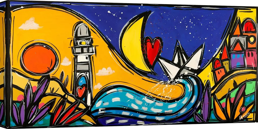 Tableau déco salon multicolore Wallas - Voyage du cœur - Toile 70x35cm