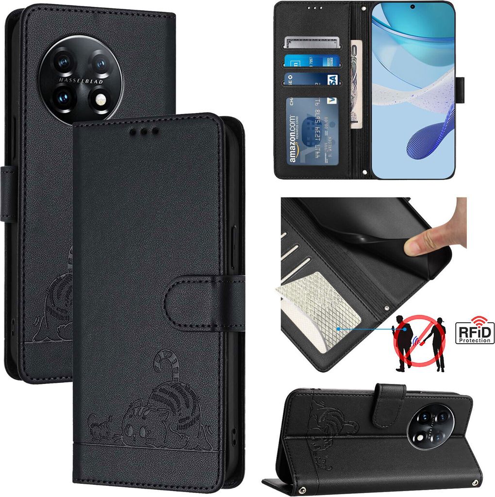 Leder Hülle für OnePlus 11 Süße Katze Flip Case Brieftasche Schutzhülle mit Standfunktion Schwarz