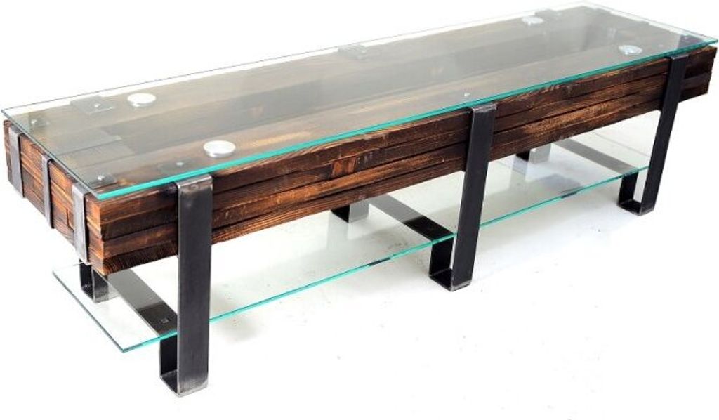 CHYRKA TV Board (Natur, 120x38 cm H=50 cm) LEMBERG Schrank Wohnzimmertisch Basis für TV modernes Design Glastisch Glas Loft Handmade Vintage Deco